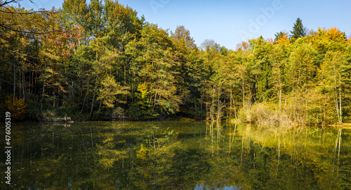 Fototapeta Naklejka Na Ścianę i Meble -  Autumn colors fishing pond, Slovenia