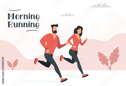 Man and woman is jogging. Couple running, doing fitness running. Active healthy lifestyle. Morning Running