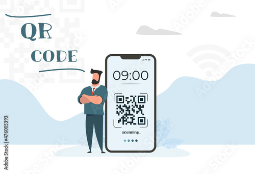 Home screen phone and guy near the phone. qr code and clock on screen smartphone. Vector illustration