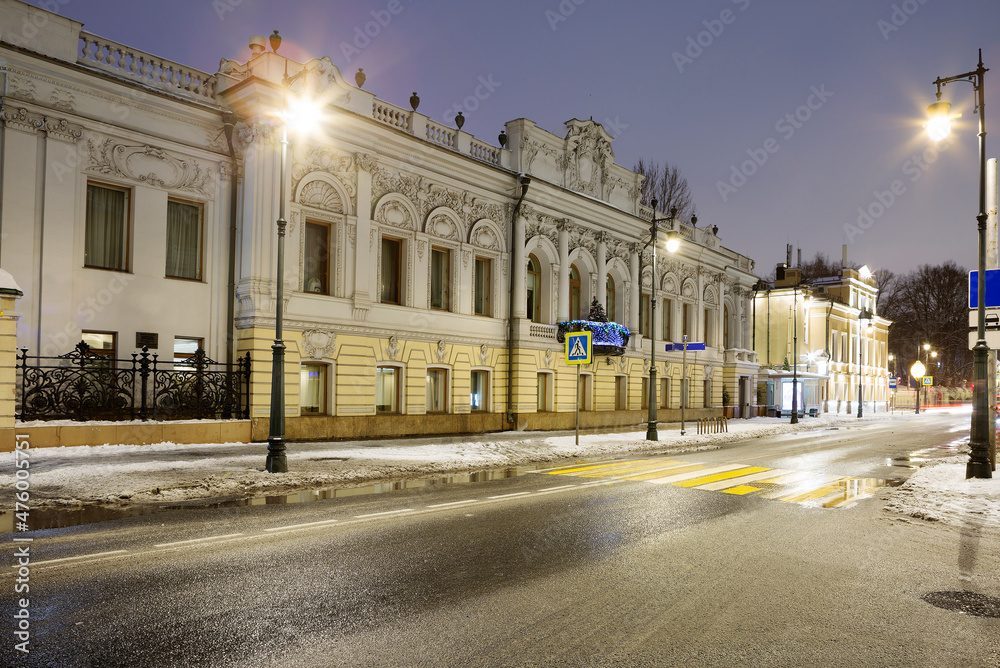 Moscow, Russia, Evening on Prechistinka street.
  The building was built at the end of the 18th century in the classical style with a predominance of Baroque and Rococo motifs.