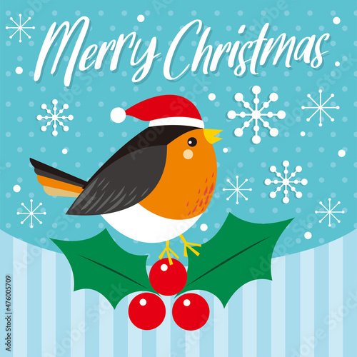 christmas card with robin bird and berry