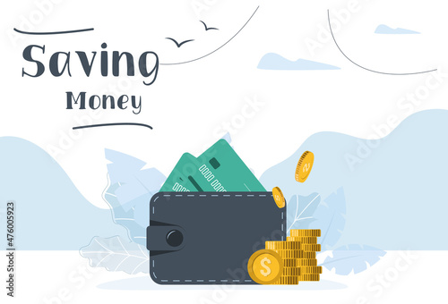 Saving money. Wallet with credit cards and coins. Vector illustration in modern style