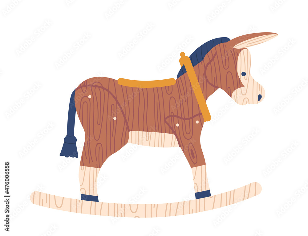 Rocking Donkey Wooden Toy for Kids Isolated on White Background. Vintage Toy Made of Natural Material, Handmade Object Rocking Donkey Wooden Toy for Kids Isolated on White Background. Vintage Toy Made of Natural Material, Handmade Object