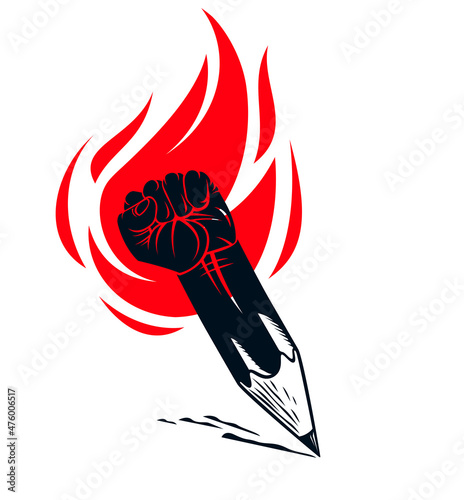 Strong design or art power concept shown as a pencil with clenched fist combined into symbol with fire flame, vector logo or creative conceptual icon for designer or studio, science research.
