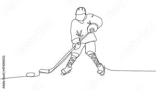 Continuous one line drawing of ice hockey player. Sport tournament concept. Winter season sport.  Vector illustration