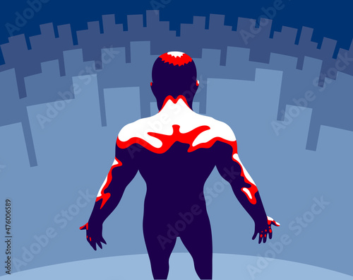 Strong muscular man back vector illustration, philosophical concept of mindfulness and self actualization, spiritual practices, man in search of himself.