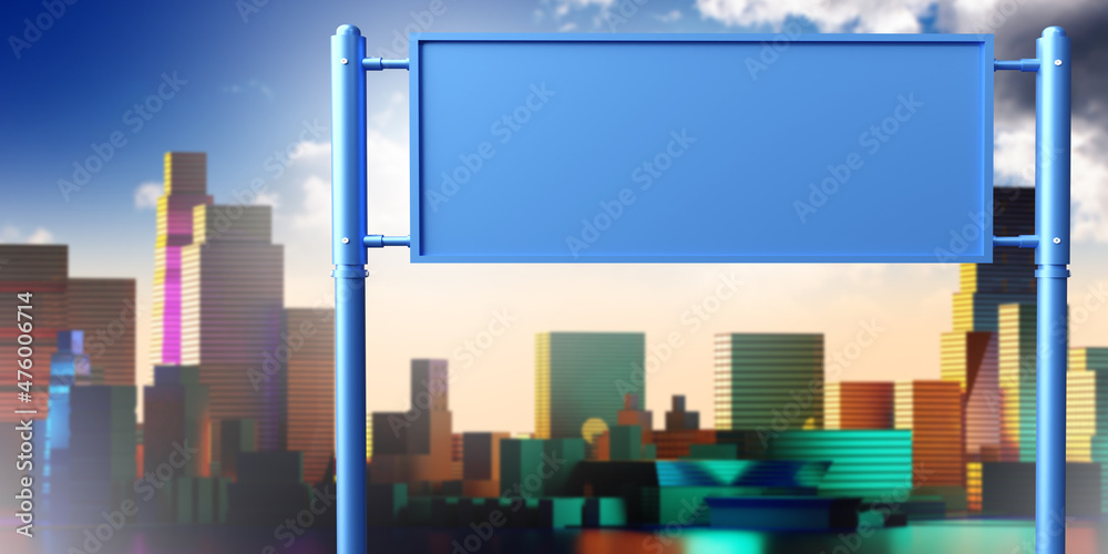 Obraz premium Billboard on the background of the city. An empty banner and blurred silhouettes of houses. Metal billboard. Billboard on two supports. Informing, advertising, promotion. Place for your info. 3d image