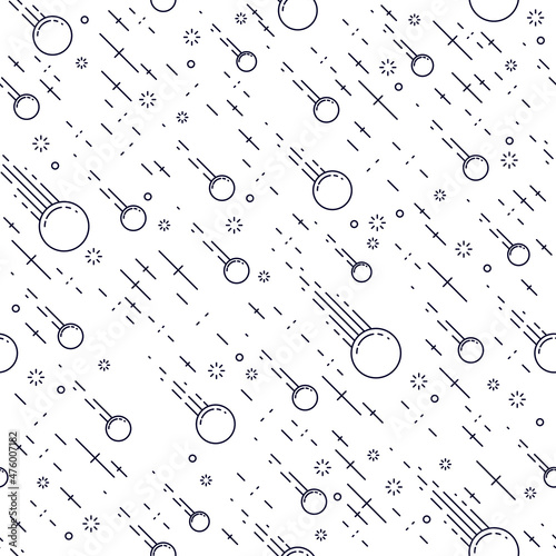 Seamless space background with comets, meteorite rain, cosmos fantastic textile fabric for children, endless tiling pattern, vector illustration.