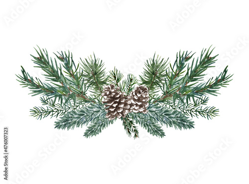Watercolor pine branches open wreath illustration. Hand painted winter foliage, pine cones on white background. Festive Christmas frame.