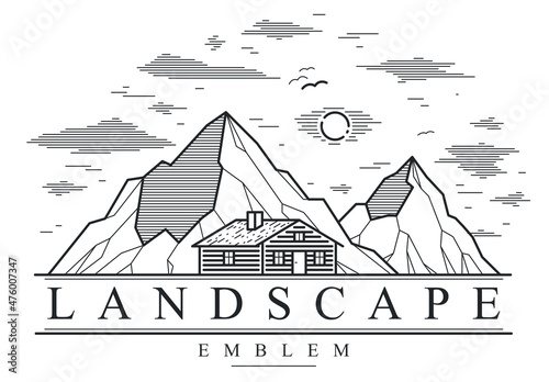 Cabin in mountains linear vector nature emblem isolated on white, log cabin cottage for rest, holidays and vacations theme line art drawing logo, beauty in nature, woodhouse resort.