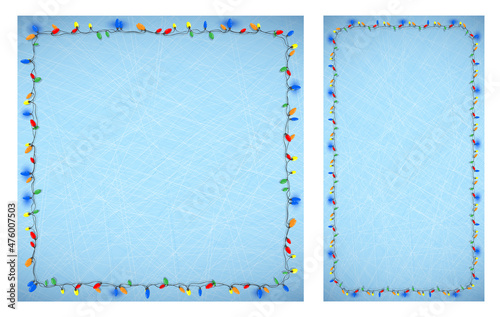 blue backgrounds with lines of scratches on ice and frames of multi colored Christmas lights for garlands. Festive winter frosty background. Vector