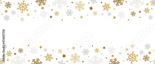 Golden falling snowflakes  stars and confetti seamless banner. Happy New Year or Merry Christmas background with vector gold and silver snow fall