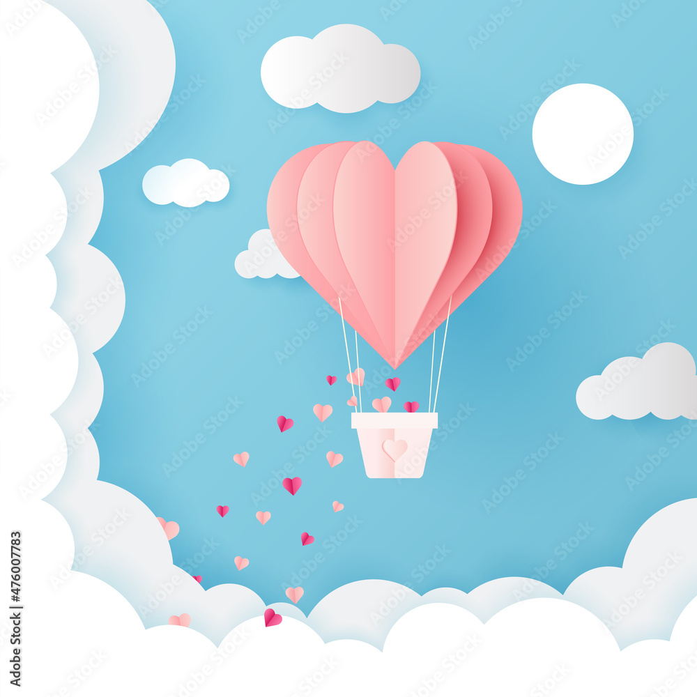 Valentines day, Illustration of love, pink heart balloons flying in the blue sky, paper art style. Vector