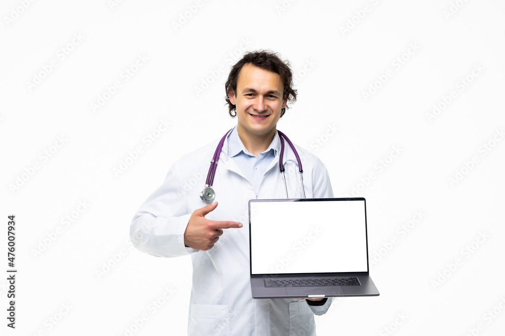 Male Doctor Showing Laptop Over White Background Male Doctor Showing Laptop Over White Background