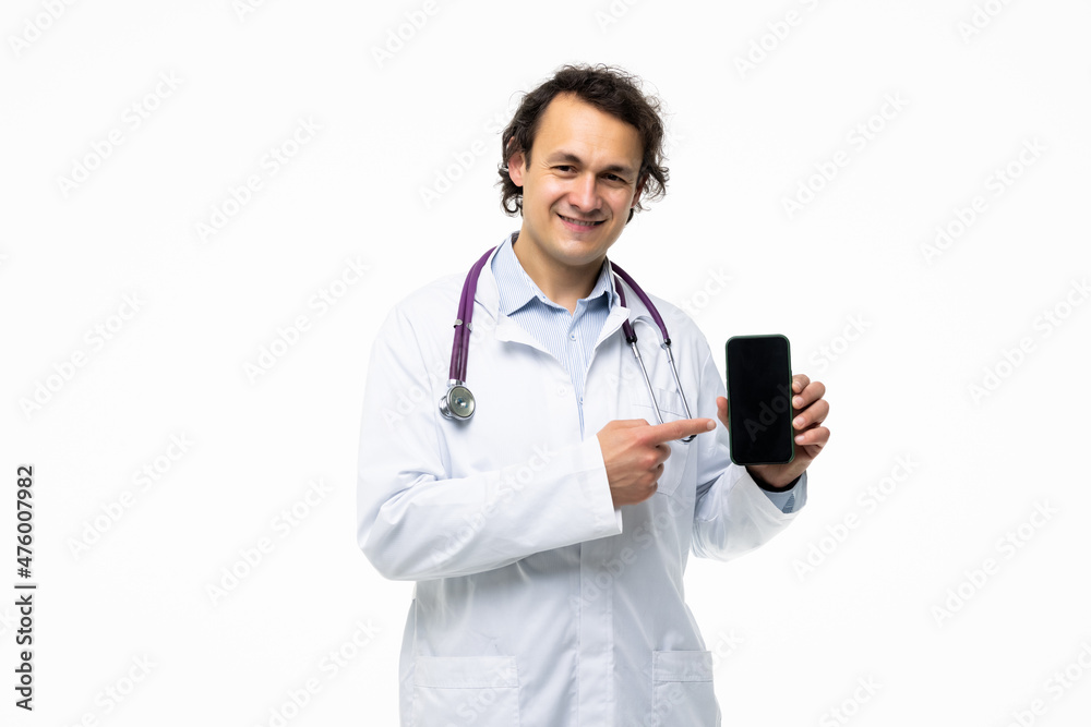Doctor presenting smart phone and pointing blank black screen with copyspace for ads isolated on white background, Doctor presenting smart phone and pointing blank black screen with copyspace for ads isolated on white background,