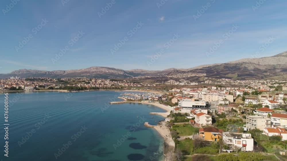 Beautiful coastal city of Split with pier and living buildings, aerial drone shot Beautiful coastal city of Split with pier and living buildings, aerial drone shot