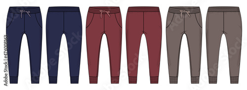 Multi color Set of collection Basic Sweat pant technical fashion flat sketch template front and back views. Apparel Fleece Cotton jogger pants vector illustration drawing mock up for kids and boys. 