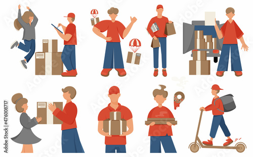Wallpaper Mural Delivery, delivery man, set of vector images. Ordering food, pizza, goods, goods online. A courier delivers a parcel, boxes. Torontodigital.ca