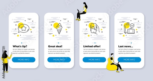 Set of Business icons, such as Favorite chat, Search app, Ice cream icons. UI phone app screens with people. Baggage reclaim line symbols. Best bubble, Find smartphone, Sundae cone. Vector