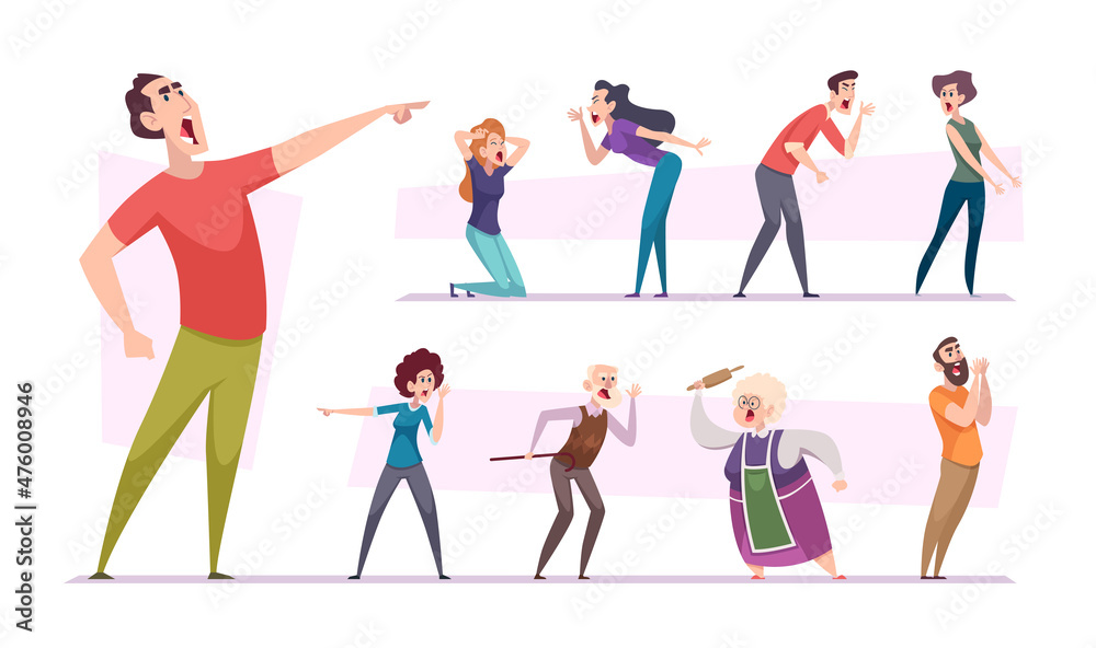 Angry people. Agressive dialogue shouting characters expressive talking conflicting persons negative emotions exact vector illustrations isolated