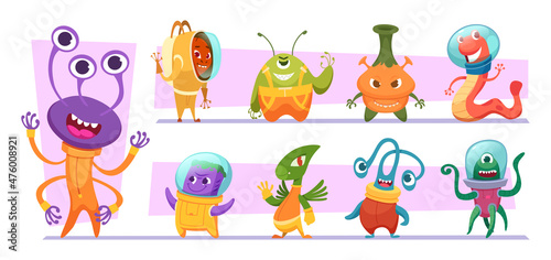 Space monsters. Funny crazy creatures humanoid monsters mysterious aliens exact vector illustrations of characters in action poses