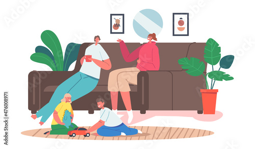 Couple of Girl Friends Sitting on Couch Drinking Beverages and Communicating at Home, Kids Playing on Floor, Friendship