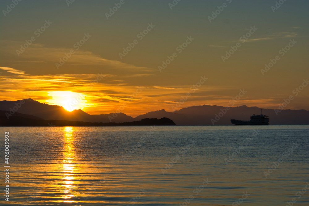 Sunset in a lonely bay in Croatia near Trogir city, Dalmatia