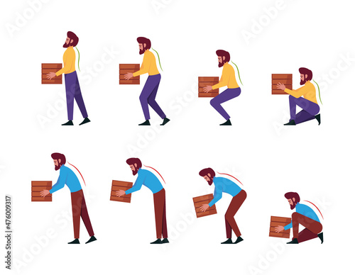 Safety lifting. Correct and incorrect instruction for moving heavy packages for workers ergonomic movement for loading objects garish vector flat characters