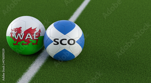 Wales vs. Scotland Soccer Match - Leather balls in Wales and Scotland national colors. 3D Rendering 