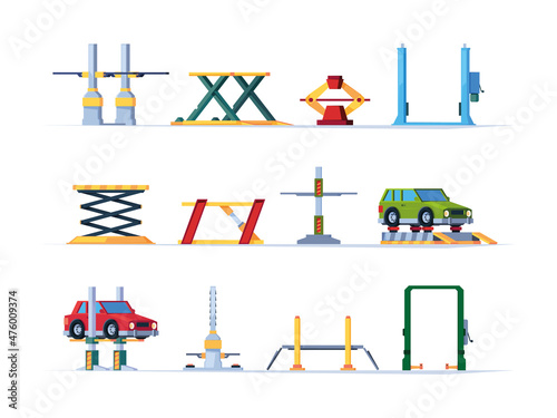 Automobile lifting. Mechanic workshop with steel hydraulics repair lifting for cars various technician elevators garish vector flat pictures