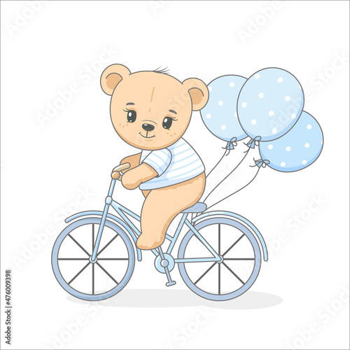 Cute teddy bear on a bicycle with balloons. Vector illustration of a cartoon.
