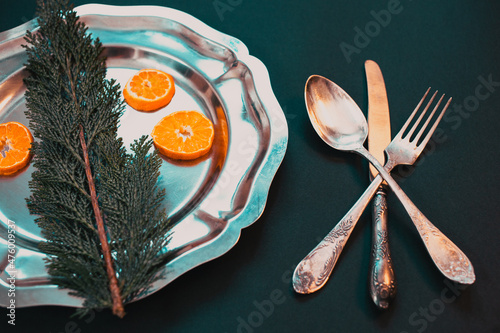 flat lay of festive Christas table arrangement with silverware photo