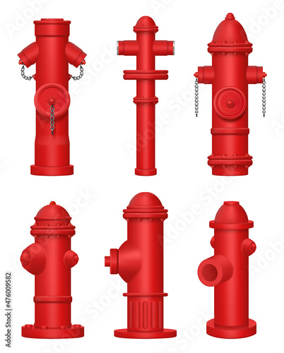 Fire hydrant. Urban red pipes for helping fireman fights with flame water street specific checkpoint decent vector realistic collection set