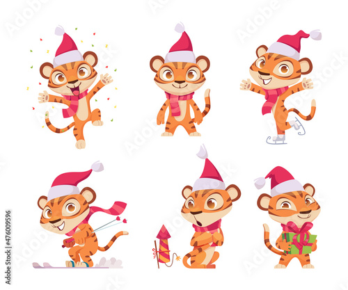 New year tiger. Wild cute animal in action poses tiger in red winter celebration santa cap exact vector 2022 yer promotional character
