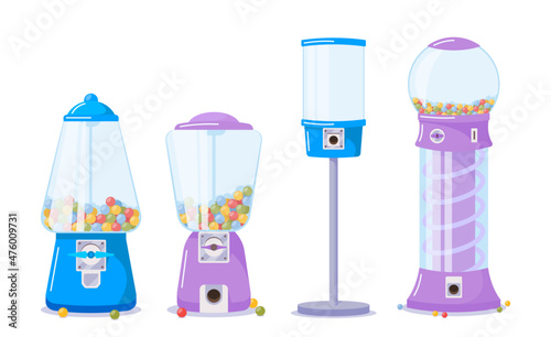 Set of Gumball Machines Blue and Violet Dispensers with Transparent Glass, Slot, Spiral Track and Candies or Bubble Gums