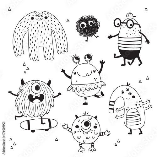 vector set of black monsters on white background