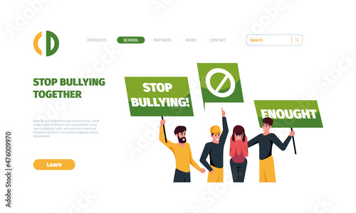 Bulling landing. Stop bully teenagers aggressive digital haters garish vector business web page with social announce