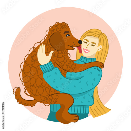 A girl with long hair hugs her dog. Man and dog are friends. The dog licks the owner. Funny vector flat illustration