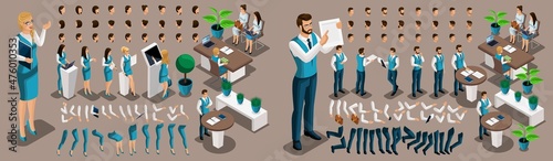 Isometric 3D girl and man bank employees, a set of hand and foot gestures, hairstyles, emotions to create your character. Create a group of unique characters. Set 3