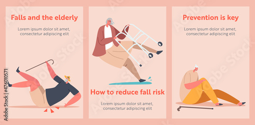 Senior Male Female Character Falling Cartoon Banners, Old People Stumble, Fall Down on the Ground due to Slippery Road