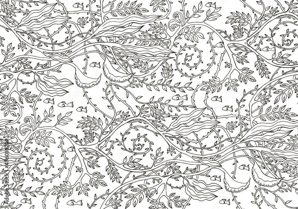 Fototapeta premium Pattern with small fish and underwater vegetation and seaweed. Black and white style. Print for fabric, textiles, wallpaper, paper, etc. Vector pattern illustration on the white background.