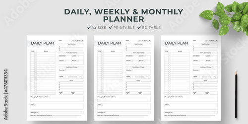 Minimalist planner pages templates. Organizer page, diary, and daily control book. Life planners, weekly and days organizers, or office schedule lists. Graphic organization paper vector set
