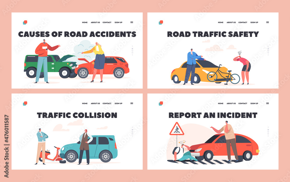 Car Accident with People on Road Landing Page Template Set. Broken Automobile with Fire and Steam, Car Bump into Scooter