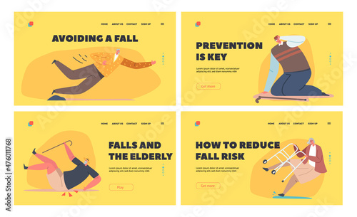 Old People Fall Landing Page Template Set. Senior Male and Female Character Falling Down on Ground due to Slippery Road