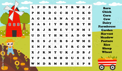 Garden with harvest with windmill, printable worksheet word search game for kids in cartoon style with scarecrow
