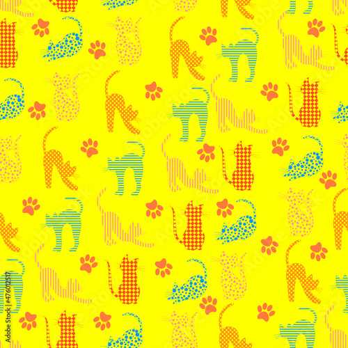 Vector seamless pattern with kittens on a yellow isolated background. Silhouettes of cats in various poses are painted over with various geometric patterns. Bedclothes 