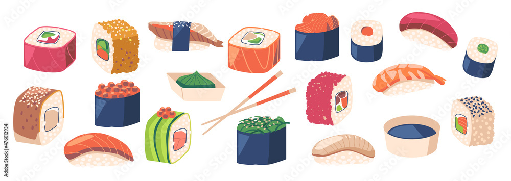 Set of Japanese Cuisine Sushi Gunkanmaki Ikura with Salmon Roe, Tobiko with Flying Fish Roe and Uni with Sea Urchin Set of Japanese Cuisine Sushi Gunkanmaki Ikura with Salmon Roe, Tobiko with Flying Fish Roe and Uni with Sea Urchin