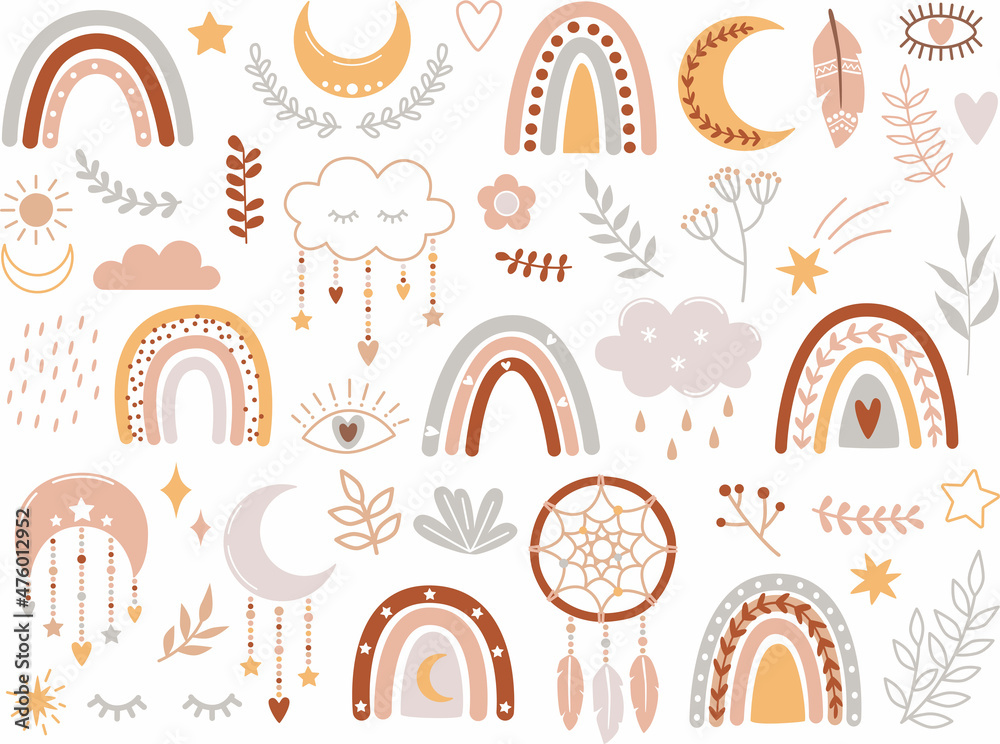 Vector hand-drawn boho clipart.  Vector template for banner, poster, greeting card, flyer, postcard, sticker, clothes, etc