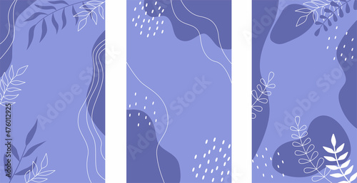 Set of vertical background in trendy very peri color. Landing page, send a message, loading, authorization, and search page. The concept for Website or Mobile App. Vector illustration