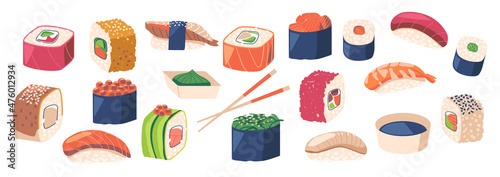 Set of Japanese Cuisine Sushi Gunkanmaki Ikura with Salmon Roe, Tobiko with Flying Fish Roe and Uni with Sea Urchin photo